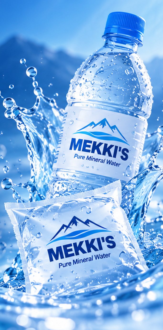 MEKKI'S Pure Mineral Water bottle and sachet